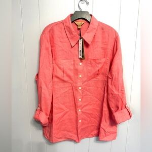 NWT Investments Linen Coral Casual Button-Down Shirt
